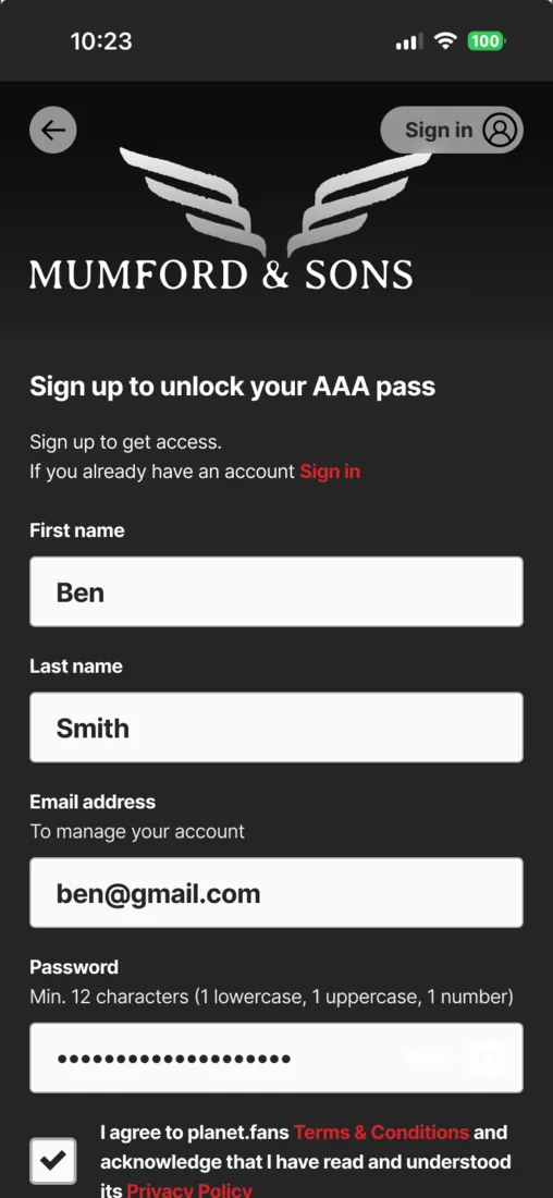 Sign up screen