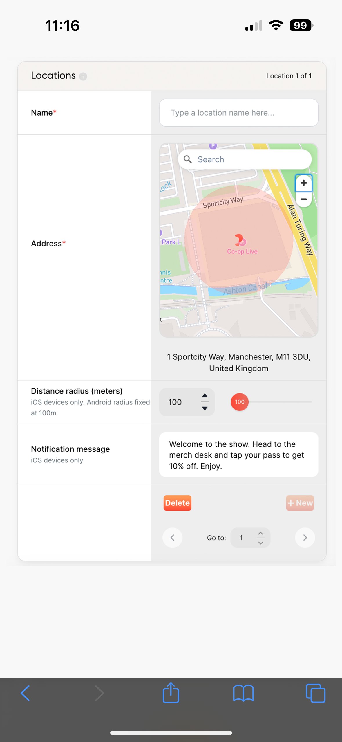 Geo-push setup showing venue geofence