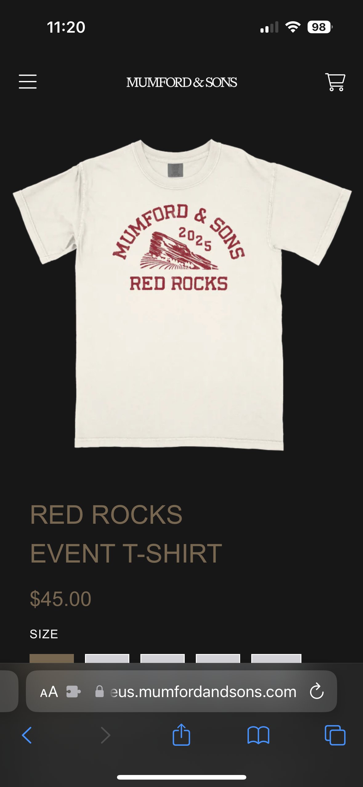 Red Rocks event t-shirt product page