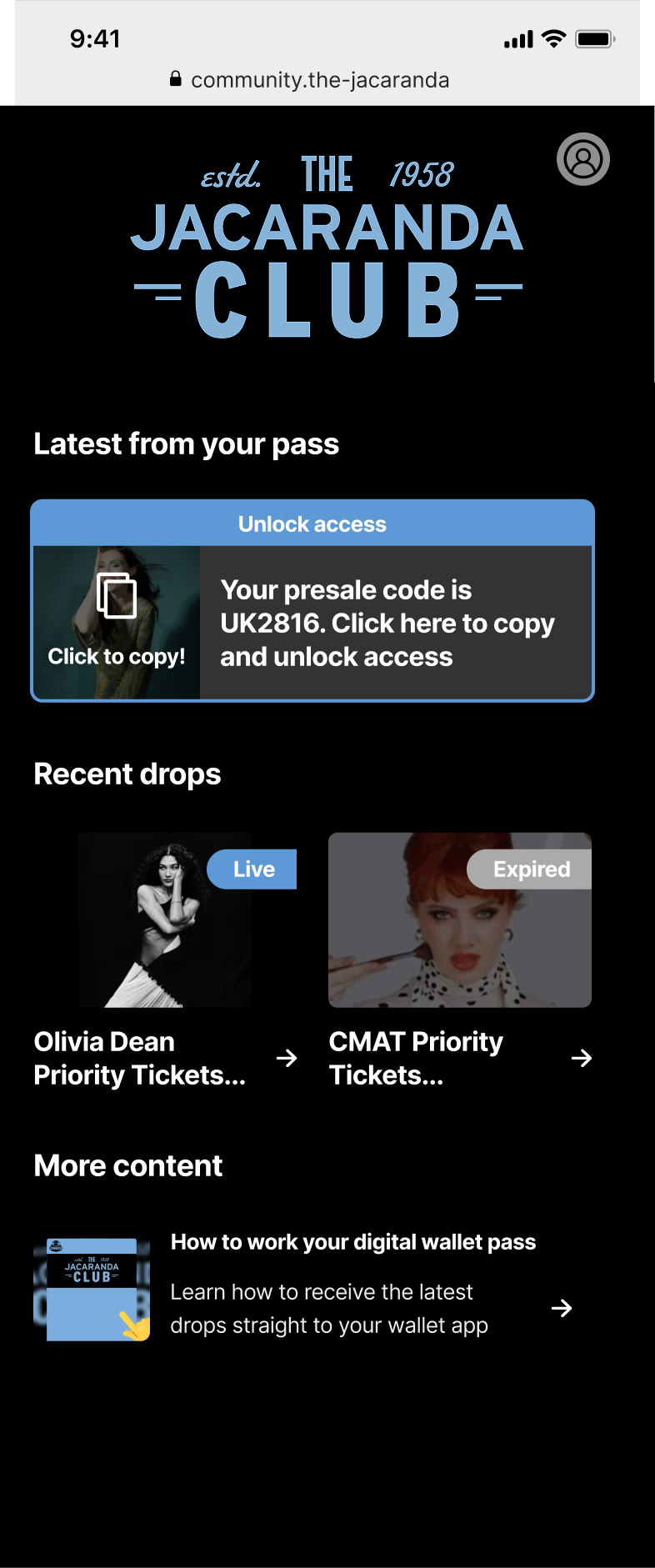 Venue pass signup screen